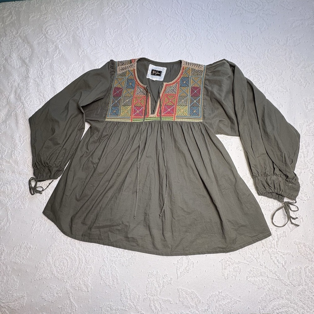 Johnny Was‎ Biya Embroidered Women's Top Sz M Boho Green